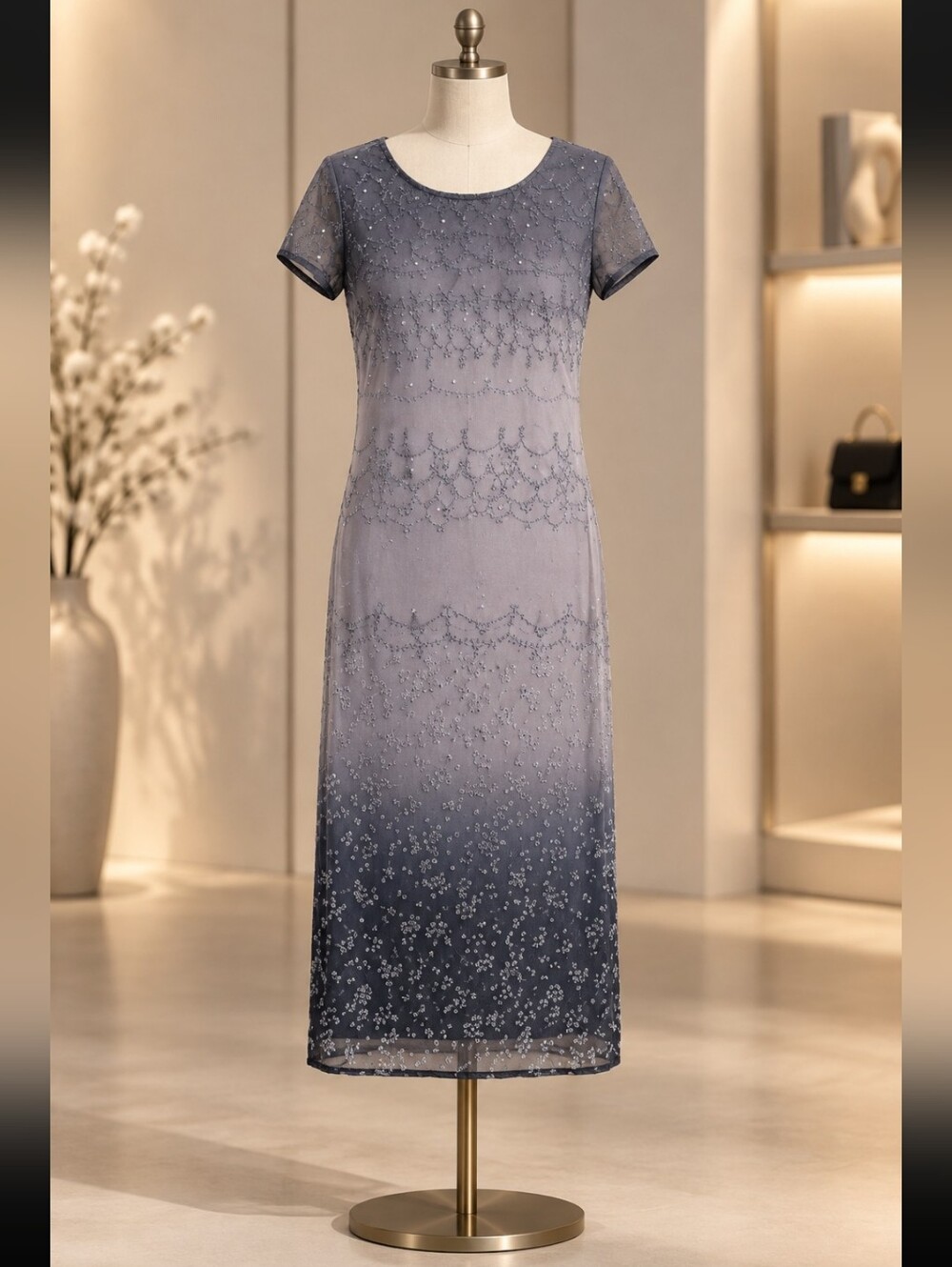 All That Jazz Gray Ombre Beaded Short-Sleeve Maxi Dress